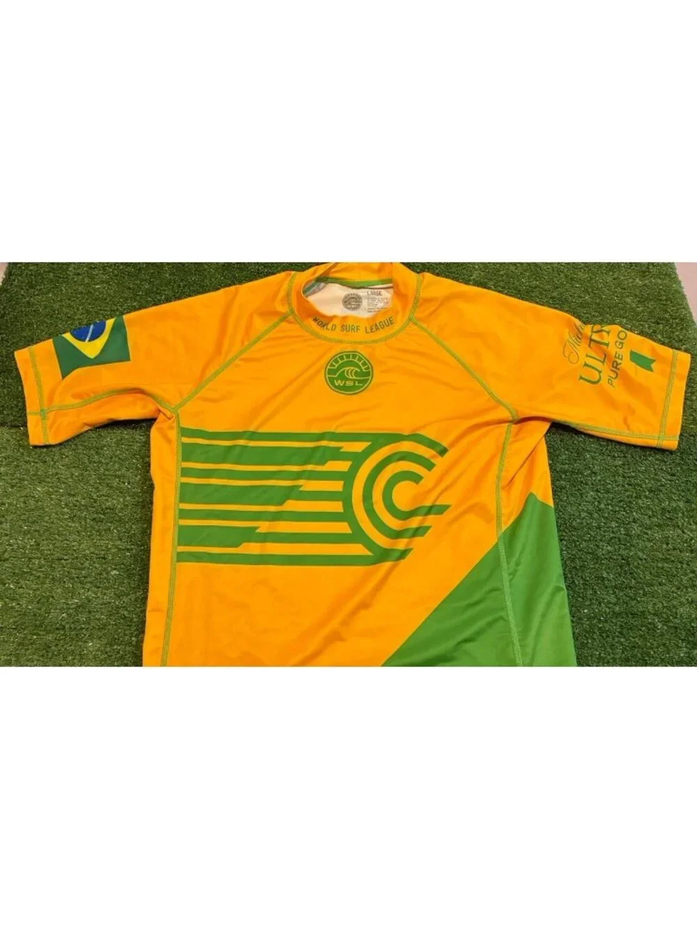 World Surf League jersey mens large yellow green brazil rash guard authentic